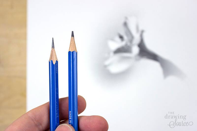 Two Staedtler Mars Lumograph graphite pencils in front of a realistic flower drawing in graphite