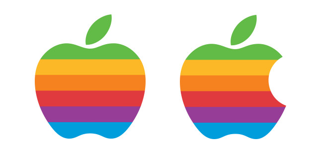 A modified unofficial early Apple logo without a bite mark, and the actual logo beside it