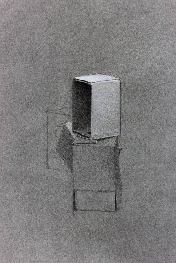 Realistic drawing of cardboard boxes drawn using charcoal pencils and white charcoal pencils